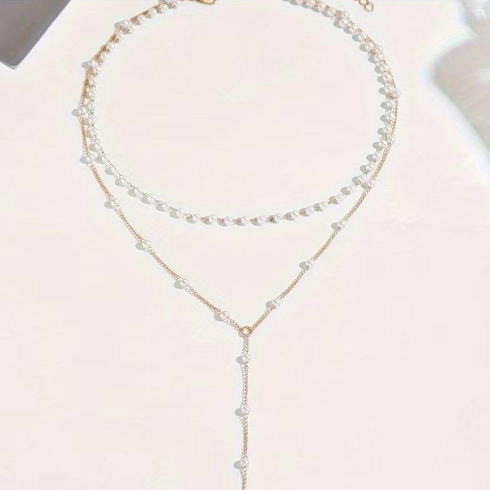 Delicate Elegant Gold Plated and Pearl Layered Necklace - Picture 3 of 5